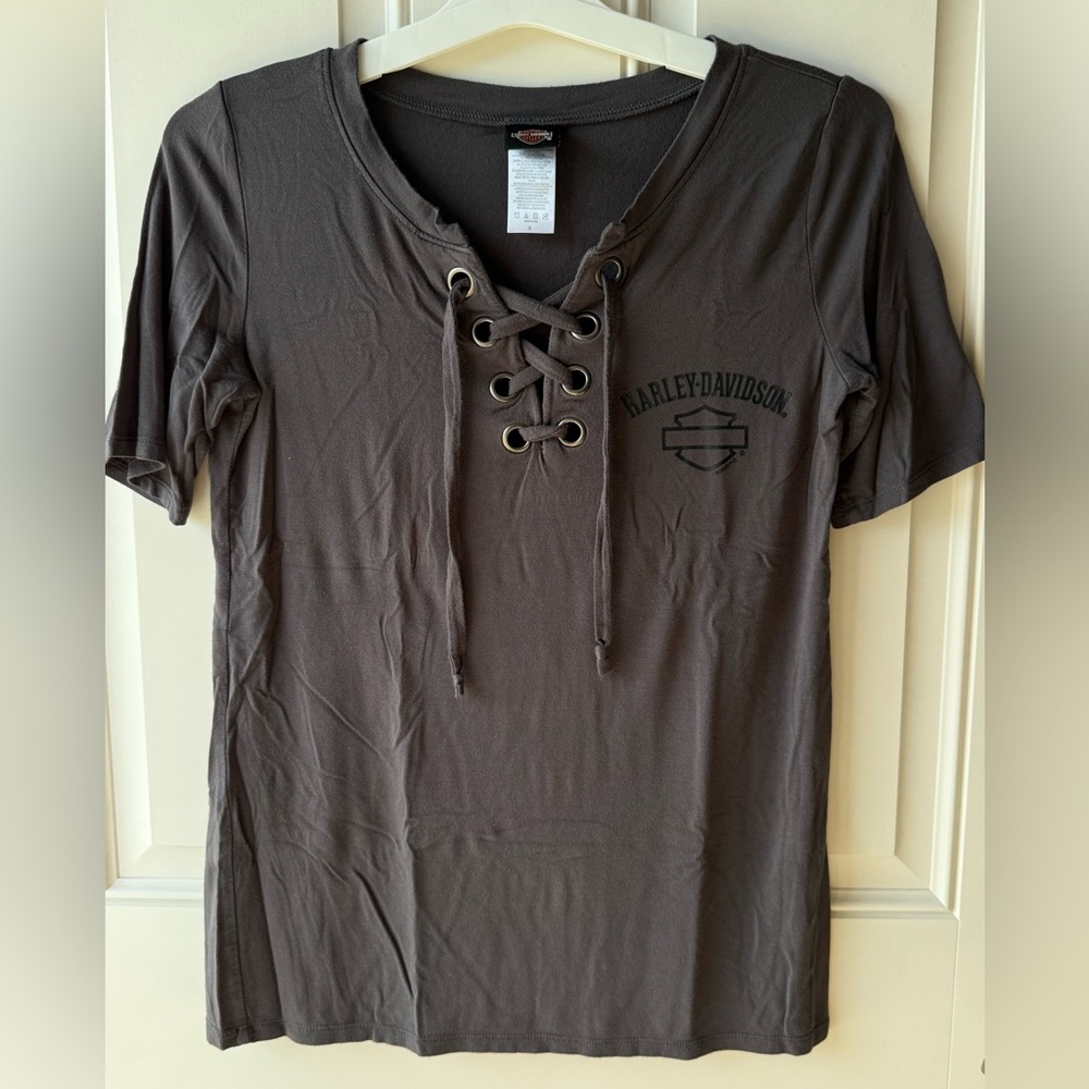 Harley-Davidson Women's Dark Grey Lace-Up Short Sleeve Tee from Geneva HD, NY